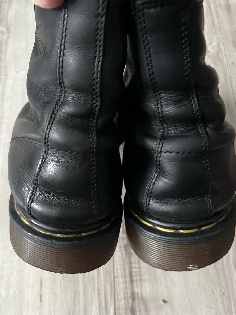 Dr. Martens Black Leather Lace-Up Combat Boots with Yellow Stitching